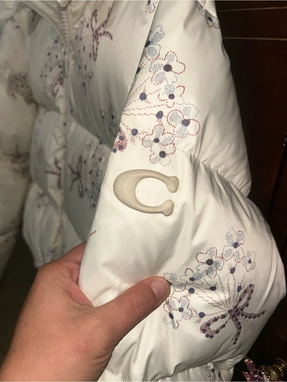 NWOT! Coach Off- White Floral Bow Print Puffer Jacket with Hood size S